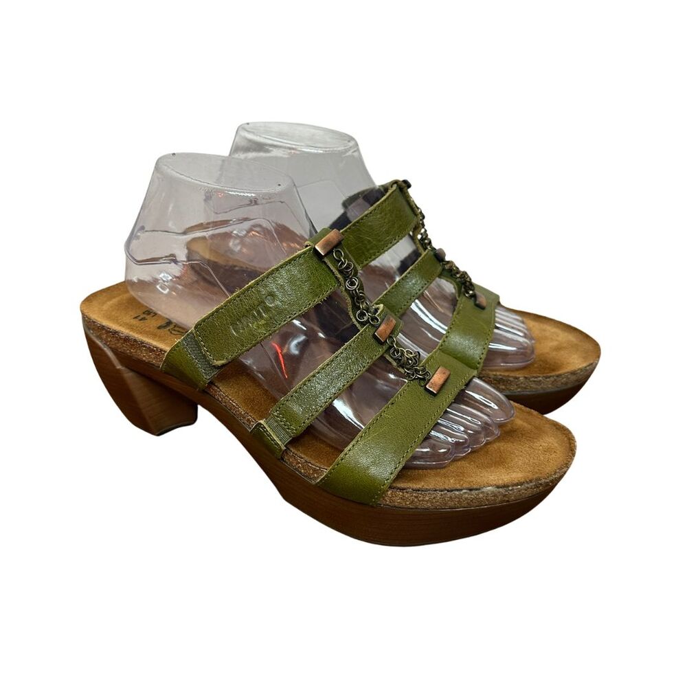Naot Strappy Heel Sandals EU 41 /‎ US 10 Green Leather Chain Wood Heel Cork